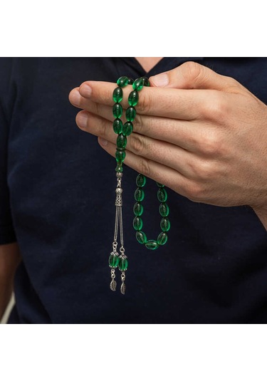 Gümüş Püsküllü Yeşil Ateş Kehribar Tesbih Sl12501 Gümüş