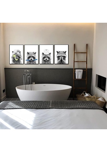 Ximistore9 Ev Dekorasyonu Banyo Duvar Sanatı: Zürafa Köpek Fil Memeği Görselleri 4 Adet , 25x20 Cm Kanvas Posterler Siyah