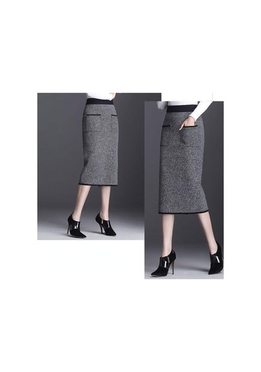 Sonbahar Kış Kadın Midi Örme Etek Kadın Etek Yüksek Bel Kalınlaşmak Cepler Ince Bir Adım Kalça Etek Kahverengi