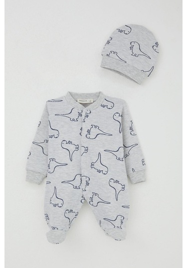 Breeze Erkek Bebek Patikli Tulum Sevimli Dinozor Desenli 0-6 Ay, Açık Gri Melanj Açık Gri Melanj