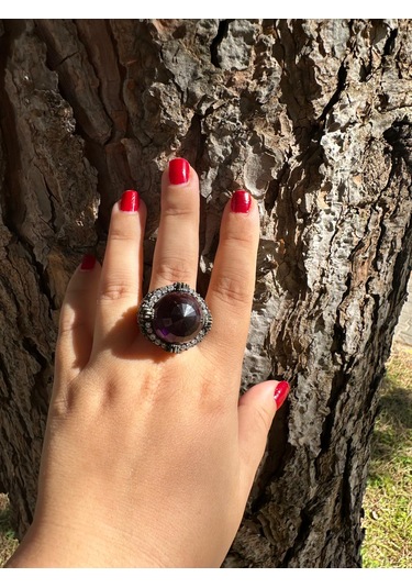 Otantik Ametist, Zirkon Ve Zümrüt Taşlı Ayarlanabilir Gümüş Yüzük