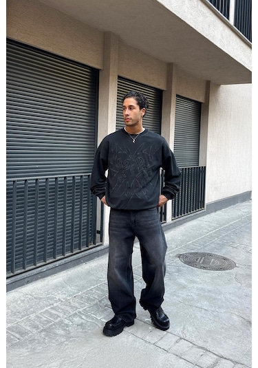 Flaw Eskitme Detay Çizgili Baggy Jean Siyah Siyah