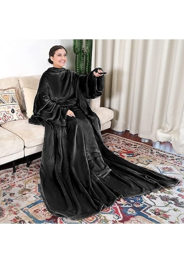 Novahub Siyah Kollu Giyilebilir Battaniye, Yumuşak Polar Snuggy Battaniye Atma Şal, Ön Cepli Rahat Vücut Battaniyesi Siyah Siyah