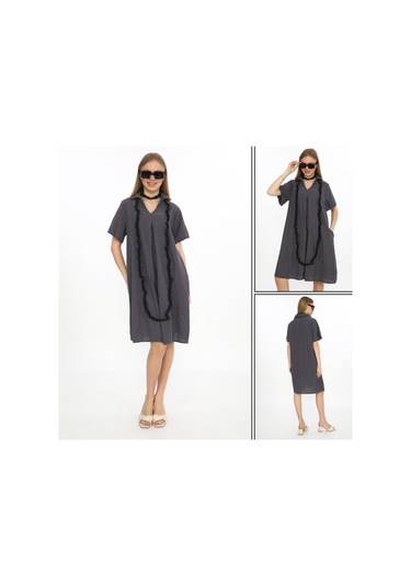 Yarım Kol V Yaka Keten Elbise-9164 Antrasit