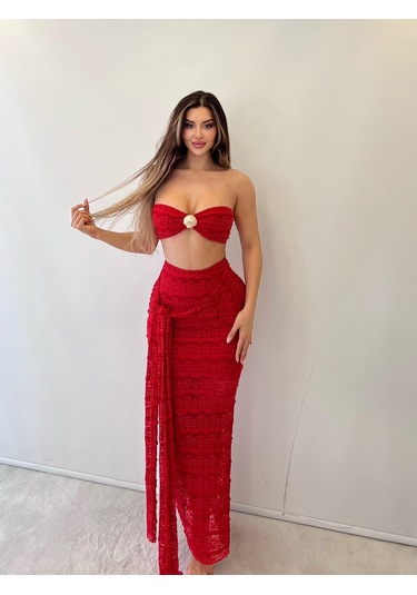 Kırmızı Sydney Seashell Lace Etekli İkili Taklım Kırmızı