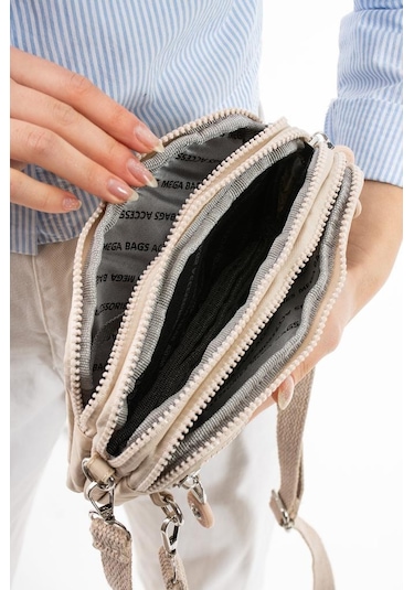 Klinkır Kumaş Mini Çapraz Askılı Kadın Çanta Yağmur Geçirmez El Askılı Çanta 20 10 Cm Mega Bag Krem