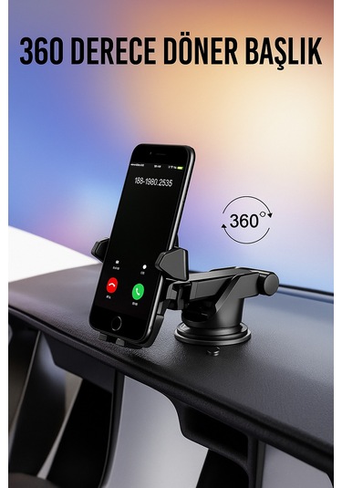 Vantuzlu Uzayan Araç Telefon Tutucu - Teleskopik Kol, 360 Döner