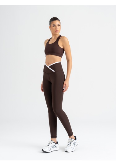 Çapraz Beli Beyaz Biye Detaylı Spor Tayt Kahverengi