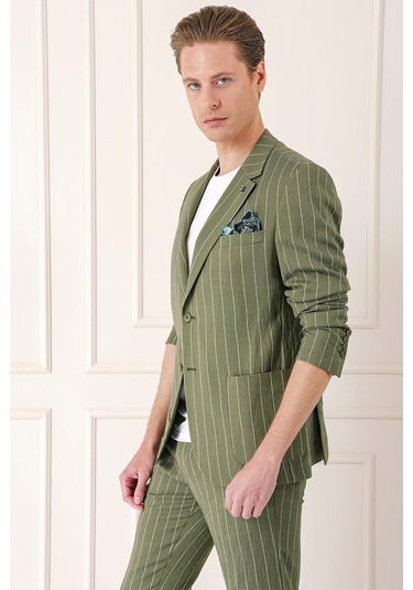 Comfort Fit Çift Yırtmaç İtalyan Çizgili Keten Casual Haki Ceket C 671 Haki