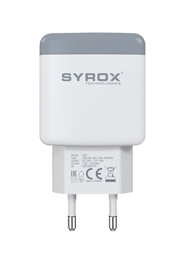 Syrox Q33 Hızlı USB 3.0A 18W Duvar Şarj Adaptörü Beyaz