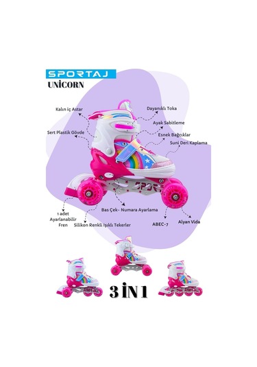 Unicorn Işıklı Pembe Paten Gökkuşağı Çocuk Pateni Silikon Teker Pembe