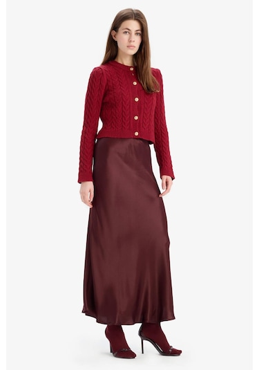 DeFacto A Kesim Normal Bel Saten Midi Etek B1867AX25SPBR234 Bordo