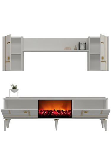 Maddera Şömineli Tv Ünitesi Takımı Beyaz-altın