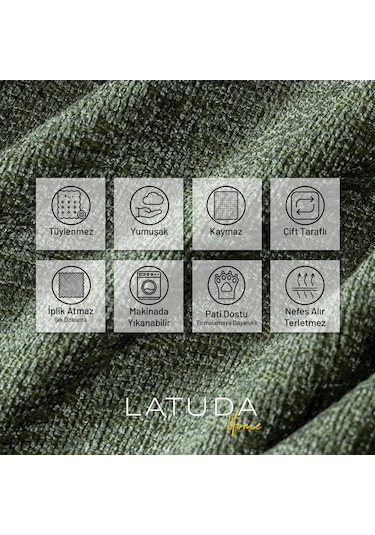 Jakarlı Şönil Koltuk Örtüsü Kanepe Örtüsü Koltuk Şalı 175x215 Kaymaz Sage Yeşil Yeşil