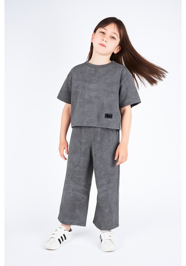 Kız Çocuk Oversıze Taytlı Kısa Kol Pamuk Takım Gri