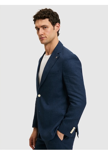 Cacharel Lacivert Slim Fit %100 Keten Mikro Desen Mono Yaka Ceket