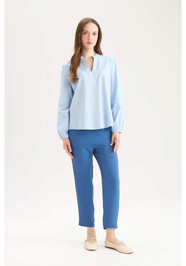 Defacto Regular Fit Bisiklet Yaka Flamlı Pamuk Uzun Kollu Bluz D8809ax25spbe745 Mavi