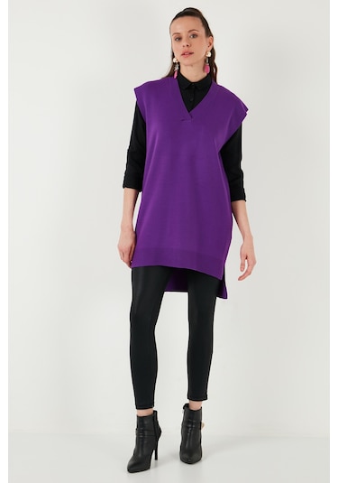 Lela V Yaka Arkası Uzun Triko Bayan Süveter 4616082Y Mor