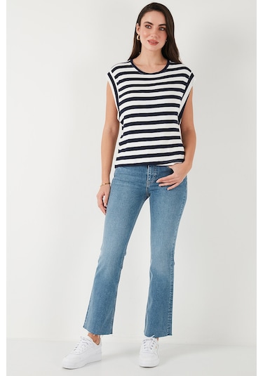Lela Çizgili Oversize Fit Bisiklet Yaka Bayan T Shirt 5866103 Lacivert