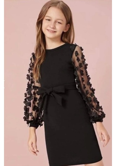 Uğur Böceği Çocuk Kolu Çiçek Motifli Tüllü Full Likralı Elbise 10-16 Yaş 001