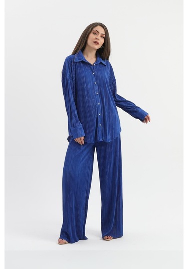 Düğme Detaylı Örme Pilise Takım - Saksmavisi-saksmavisi Saks Mavisi