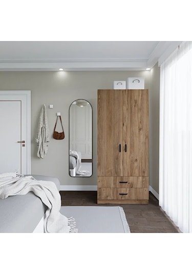 80 Cm Atlantik Çam 2 Kapaklı 2 Çekmeceli Elbise Dolabı - Gardırop Çam