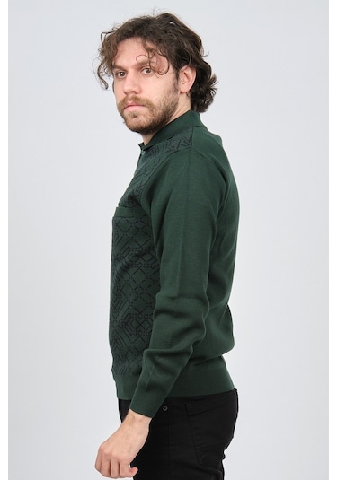 Ateş Triko Erkek Cep Detaylı Polo Yaka Desenli Yün Kazak 6092097 Yeşil
