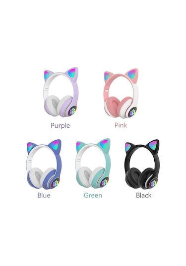 Fosenze Kablosuz Kedi Kulaklıklı Oyun Kulaklığı - Bluetooth 5.0, Gürültü Engelleme Mikrofonu, Led Işık, 7 Saat Pil Süresi, Katlanabilir Tasarım