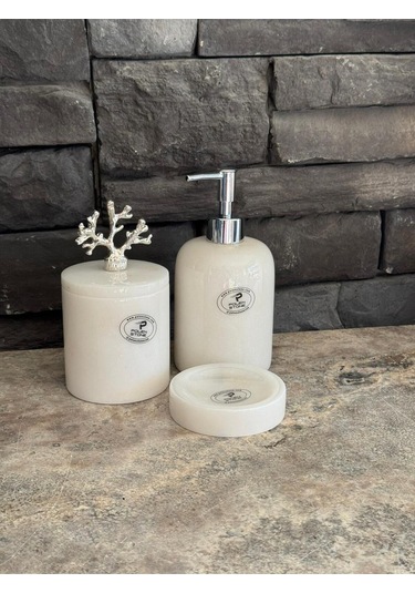 3'lü Set Beyaz Mermer Gümüş Aksesuarlı Sıvı Sabunluk, Makyaj Pamukluk, Katı Sabunluk Beyaz