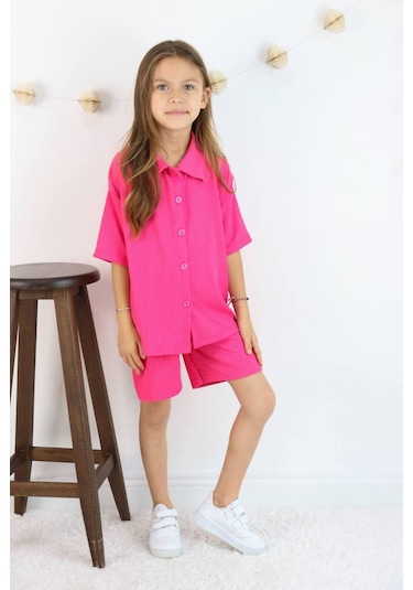 Gömlek Oversize Kız Şort Takım Canlı Fuşya