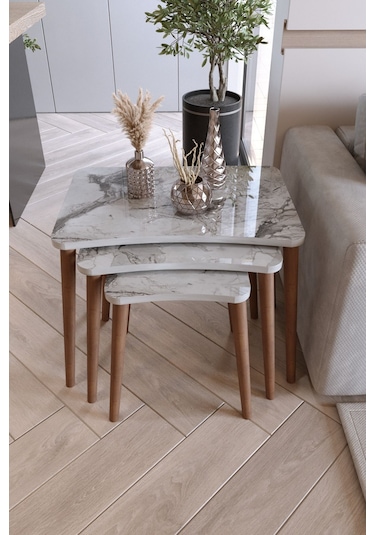 Zuesse Dizayn Reyhan 3lü Zigon Sehpa & Yan Sehpa Ahşap Ayaklı Salon Seti Çay Sehpası - Beyaz Mermer