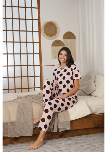 Kadın Yazlık Kısa Kol Penye Süprem Kumaş Pijama Takımı Pembe Puanlı