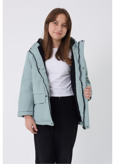 Kız Çocuk Mint Yeşili İçi Kürklü Su Ve Rüzgar Geçirmez Kapüşonlu 3 Cep Kışlık Mont & Kaban & Parka Mint Yeşili