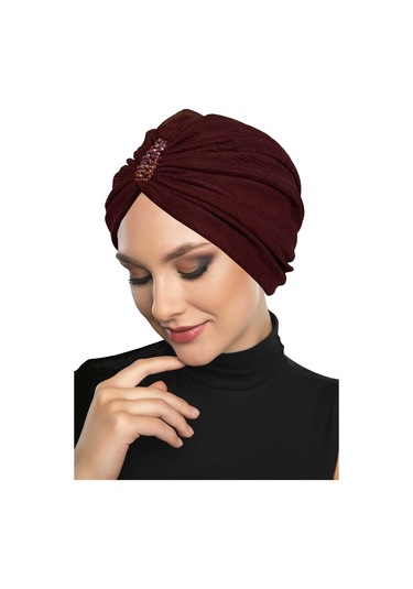 Dizayn Tüllü Kristal Taş İşlemeli Çift Taraflı Astarlı Bordo Hazır Türban Tesettür Abiye Bone Bordo