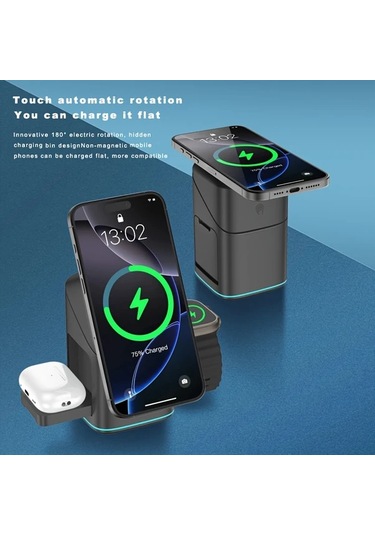 Topshop1 Siyah Manyetik 3ü 1 Arada Kablosuz Sarj Standı Otomatik Dönebilen Hızlı Sarj Istasyonu  Watch Ve Telefonlar İçin
