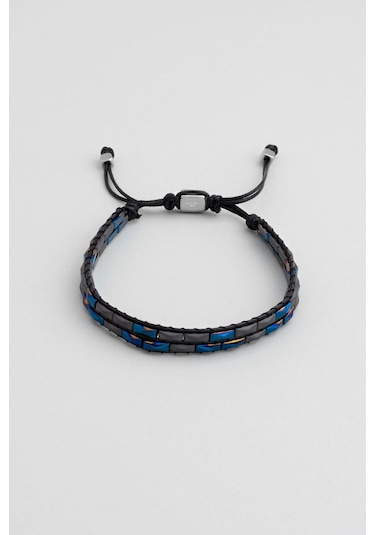 Renkli Hematit Taşlı Ayarlanabilir Çelik Erkek Bileklik Lacivert