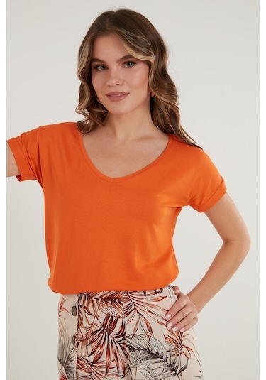 Lela V Yaka Rahat Kesim Yırtmaçlı Bayan Bluz 5862000 Oranj