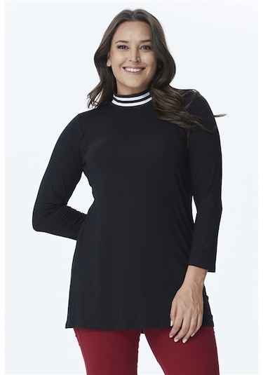 Ribana Yakalı Örme Tunik Siyah