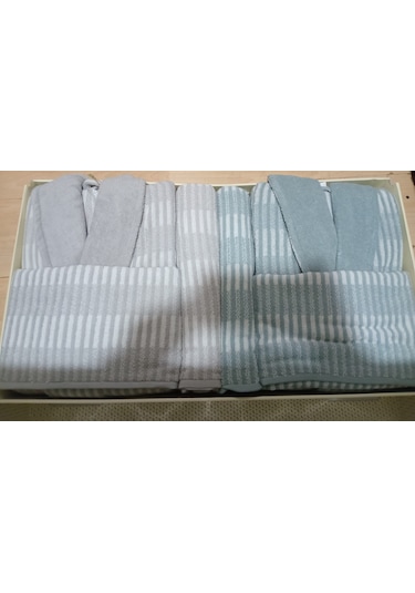 Özdilek Striscia Gri Yeşil Aile Bornoz Seti Gri - Yeşil