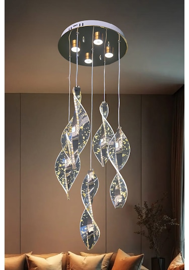 Fuzon 3 Renk Kumandalı Gold Kaplama Sarkıt Modern Led Avize 5'li Yaprak Gold Kasa