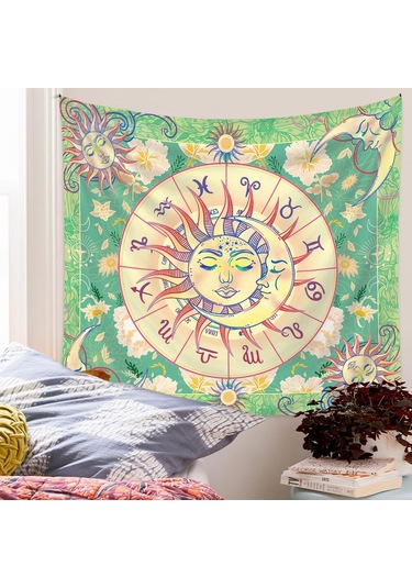 Singree Yeşil Güneş Ve Ay Desenli Poliester Dekoratif Duvar Örtüsü - 73x95 Cm Ev Dekorasyonu Tapestri