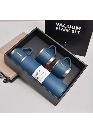 Dekorasyaa Paslanmaz Çelik 3 Bardaklı Termos 500 Ml - Mavi - Çanta Hediyeli - 12 Saat Sıcak Soğuk Mavi