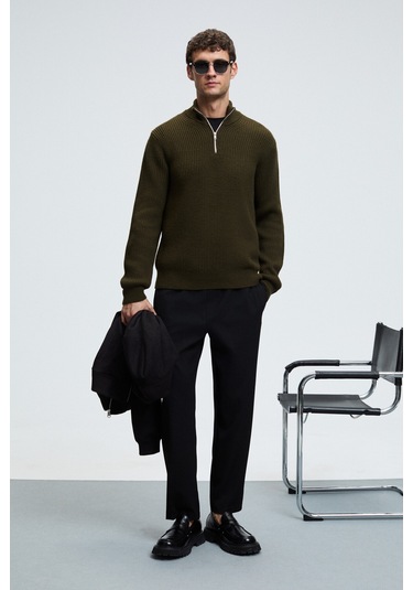 BERNARDO Erkek Yarım Fermuarlı Dik Yaka Triko Haki Kazak