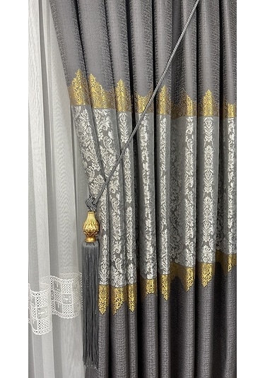 Takım Fon Perde Antrasit-altın 2 Kanat Fon+aksesuar Antrasit Gri