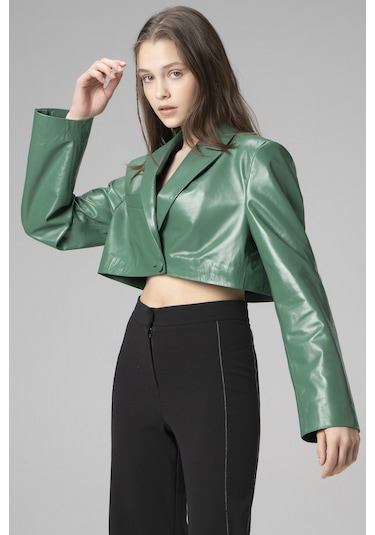 Yeşil Overlay Dericlub Wm034 Gerçek Deri Crop Blazer Kadın Ceket