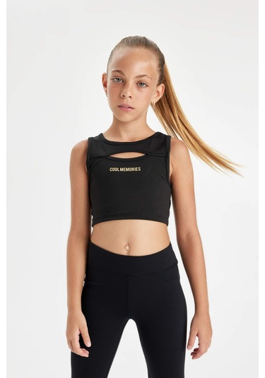 Defacto Kız Çocuk Bisiklet Yaka Yazı Baskılı Pencere Detaylı Kolsuz Atlet D0312A824AUBK81 Siyah