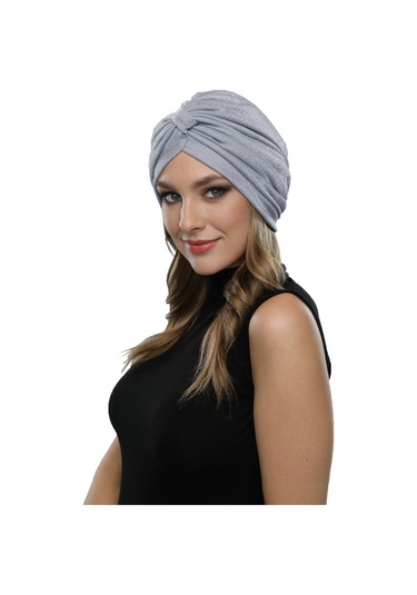 Simli Pike Çapraz Bantlı Astarlı Açık Gri Hazır Türban Tesettür Bone Abiye Açık Gri