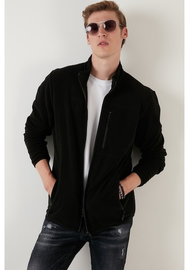 Buratti Slim Fit Fermuarlı Cepli Dik Yaka Polar Erkek Hırka 5906028 Siyah