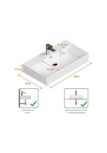 Aqua Bagno Plan Tezgah Üstü Kare Lavabo Beyaz 80 x 45 CM