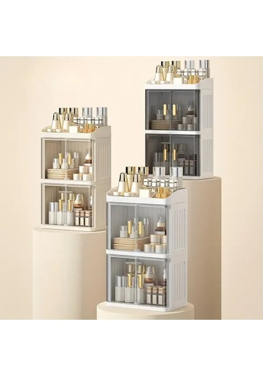 Willowhaven Cream Transparent 3 Katlı Büyük Kapasiteli Katlanır Makyaj Organizatörü Krem + Şeffaf